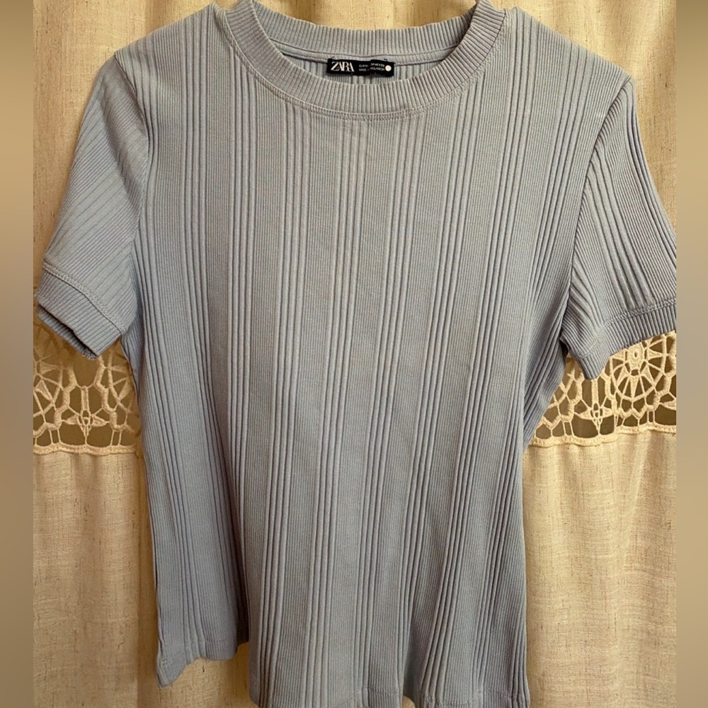 Zara Baby Blue Ribbed Short Sleeve Top